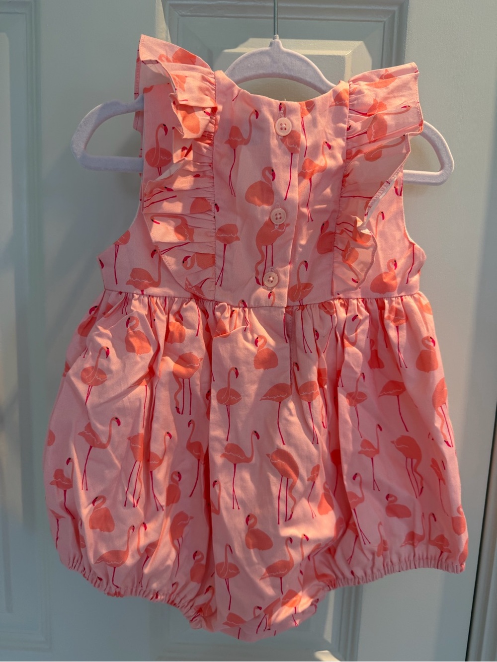 NWT Rachel Riley Coral Pink Flamingo Ruffle Bubble Romper - 18M - Picture 2 of 4